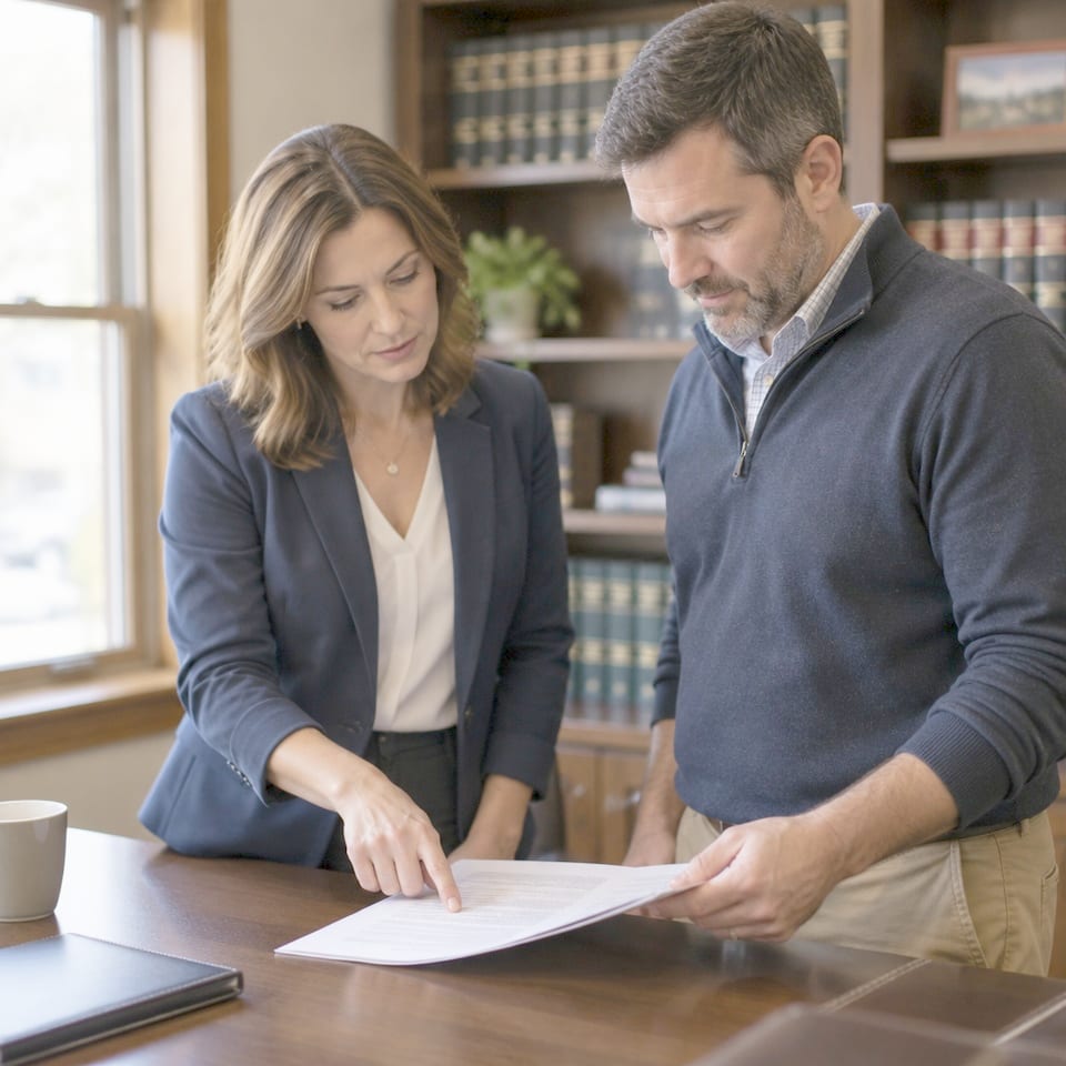 Two attorneys reviewing a document together in a small law office