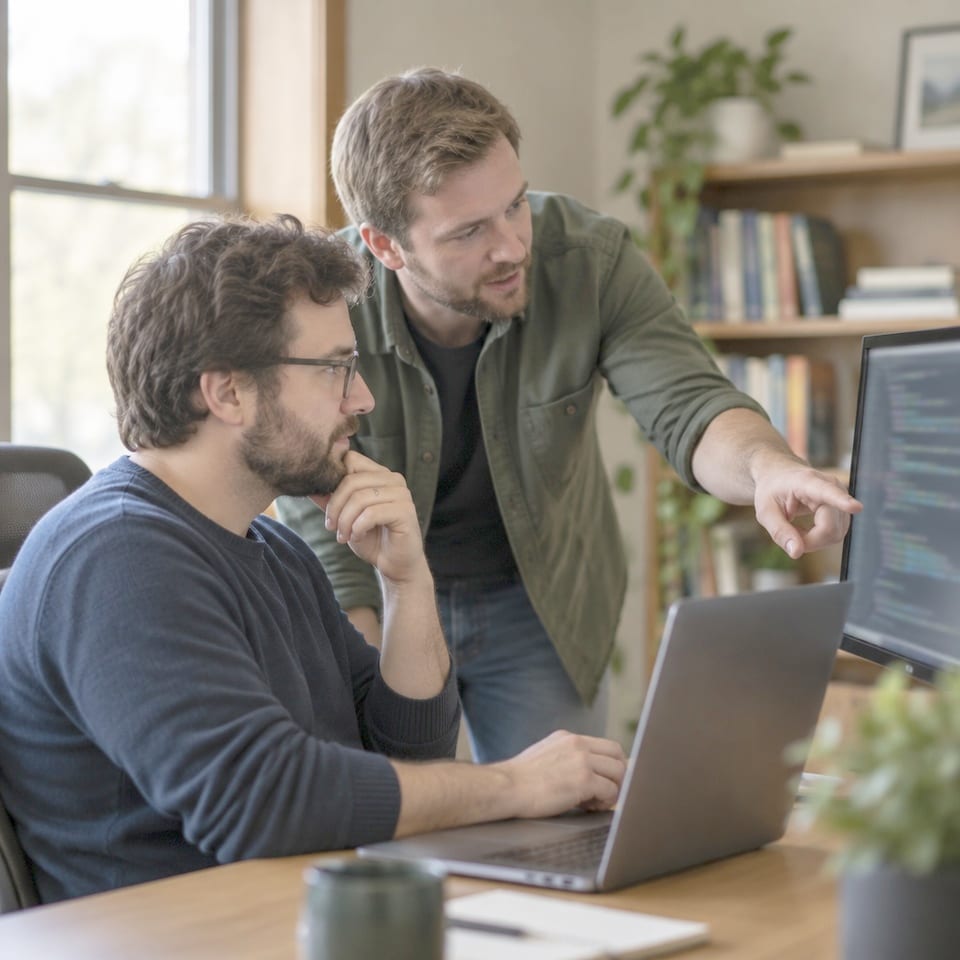 Two developers discussing work at a desk in a small software office