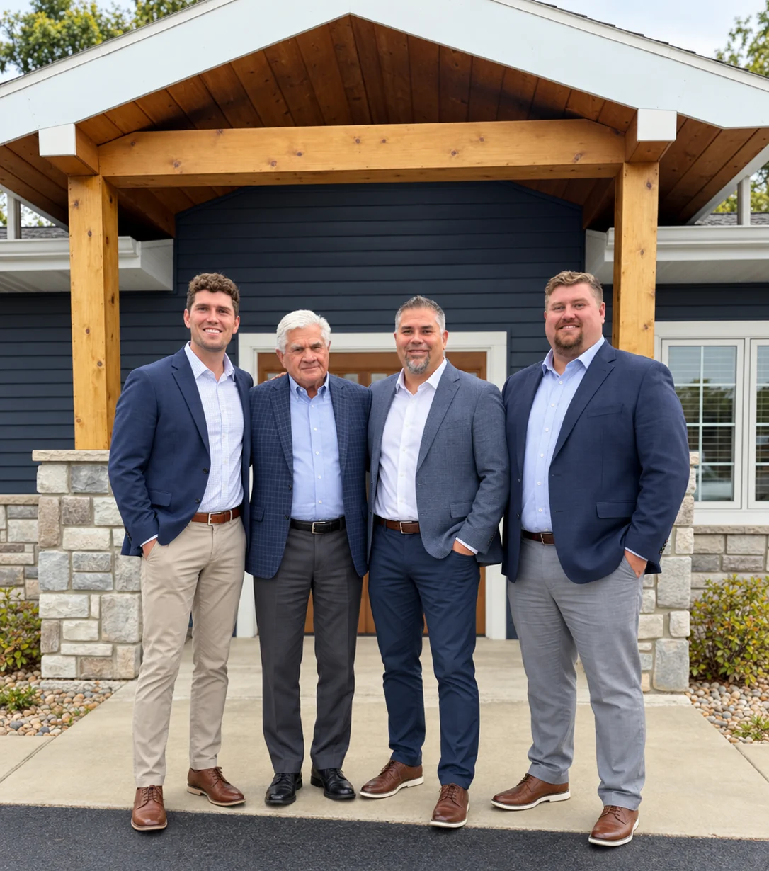 Ian, Jerry, John and Landon Davis, three generations of the firm, standing outside the office.