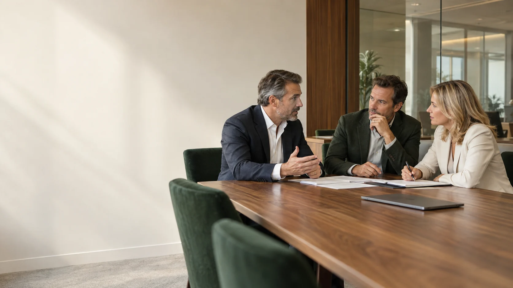 An advisor talking two business owners through a decision at a conference table.