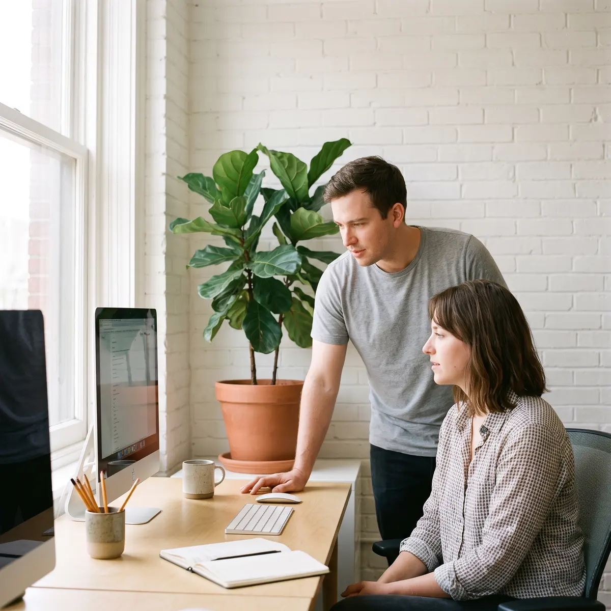 A business owner and her accountant looking over the year together at a desk by a window.