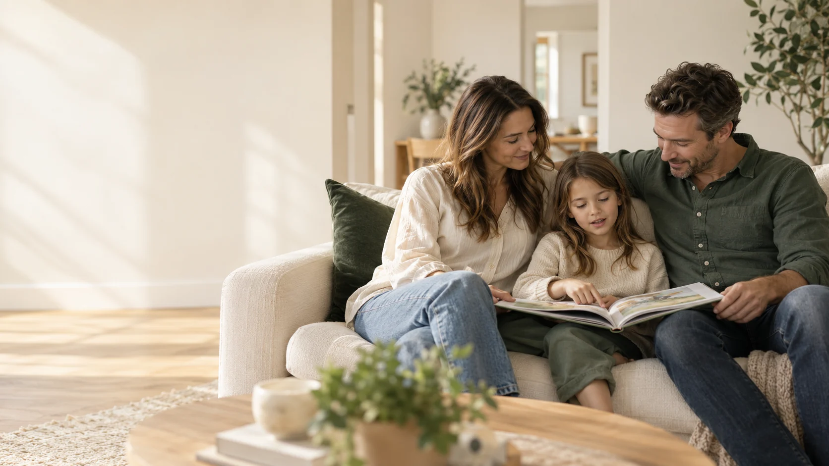 A mother, father and daughter reading a book together on the sofa at home.