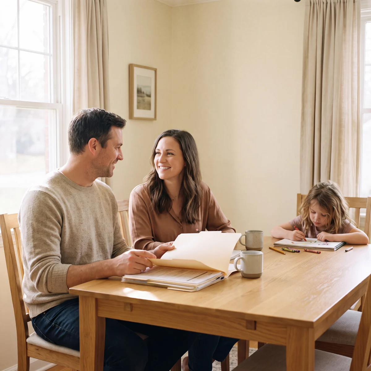 A couple going over a folder of tax papers at their dining table while their daughter draws beside them.